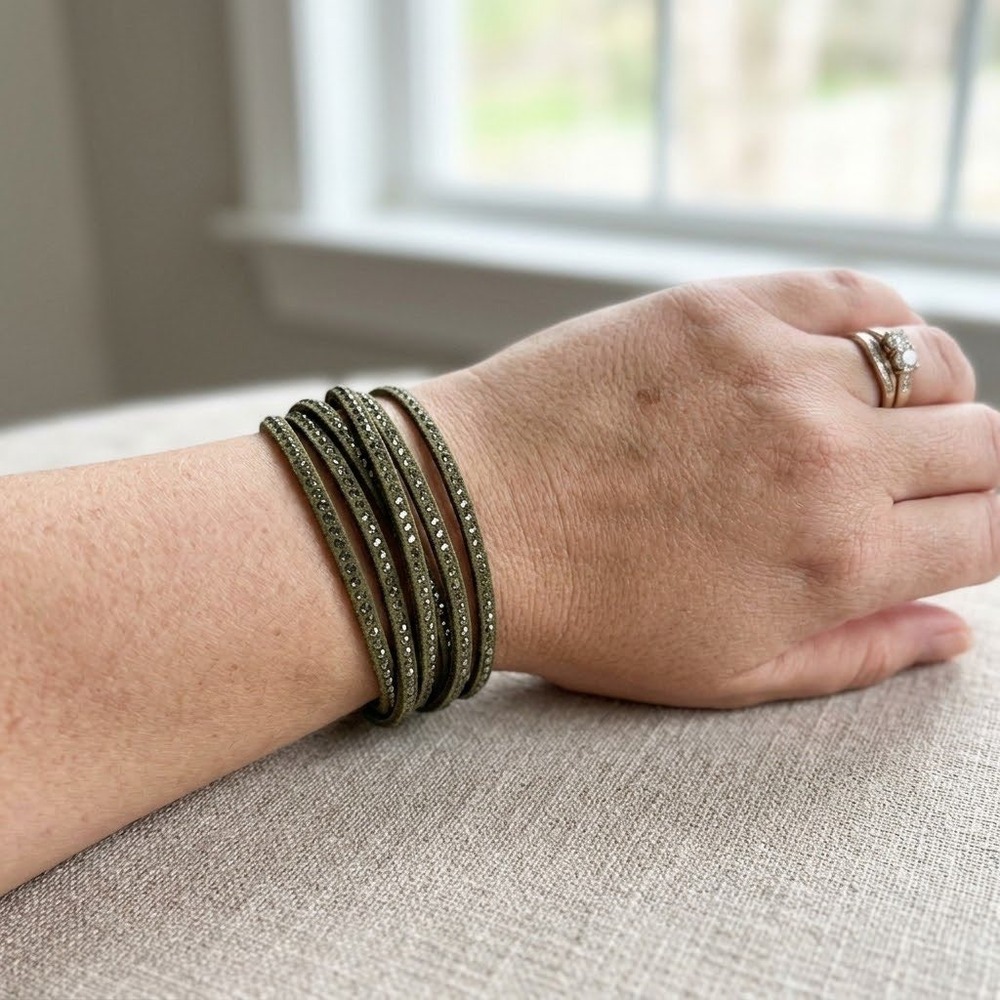 Touchstone Swarovski Slake Olive Green Crystal Alcantara Wrap Bracelet